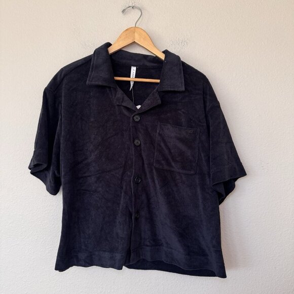 Fabletics Tops - FABLETICS Womens Black Island Terry Boxy Button Up Shirt Large NWT